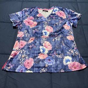 pre owned: KOI lite scrubs top floral blue pink